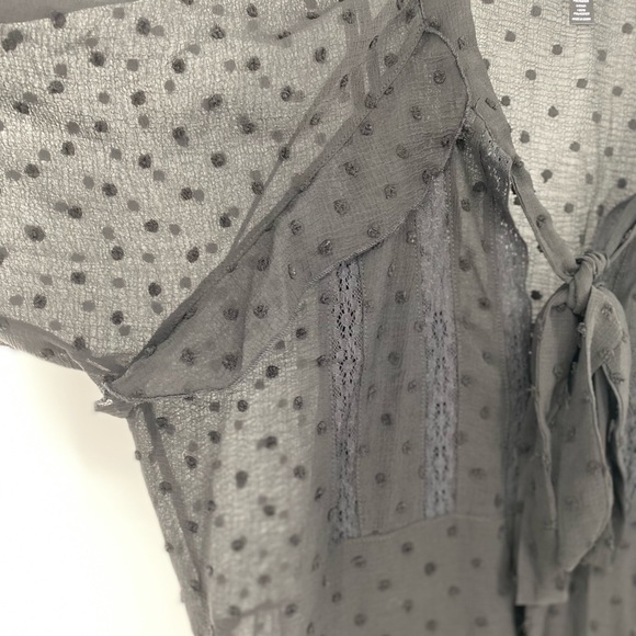 Aqua NWT Ruffle Clip Dot Mini Dress Pussy Bow Bishop Sleeves V Neck Black New - Picture 5 of 13